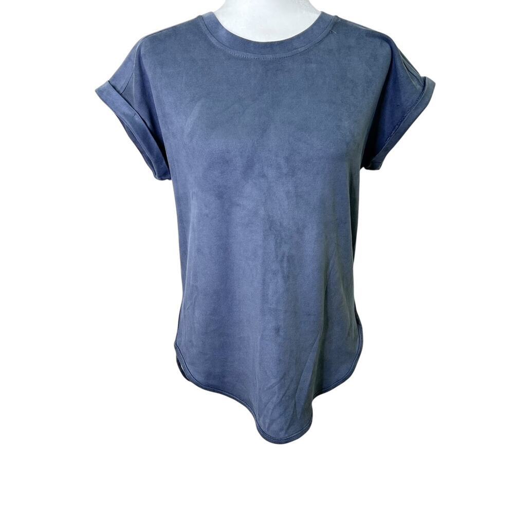 Cupio Slate Blue Faux Suede Rolled Sleeve Rounded Hem Top